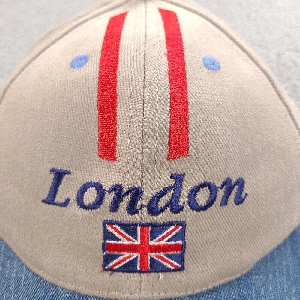 London UK British Hat Cap Beige Blue Denim Flag Buckle Strap‎ One Size Cotton